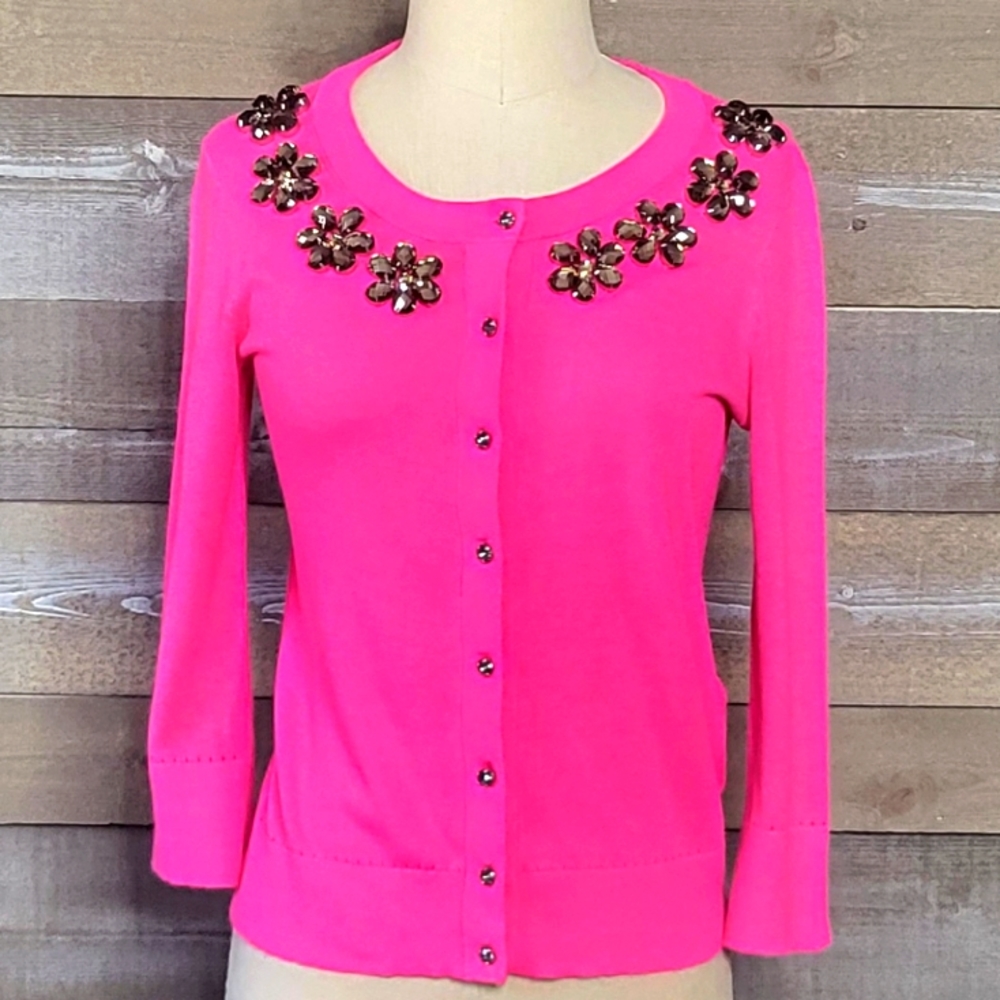 kate spade Embellished Floral Rhinestone 3/4 Sleeves Cardigan Sweater